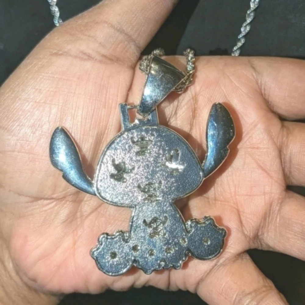 Stitch Character Rhinestone Pendant On Silver Tone Hip Hop Necklace 24